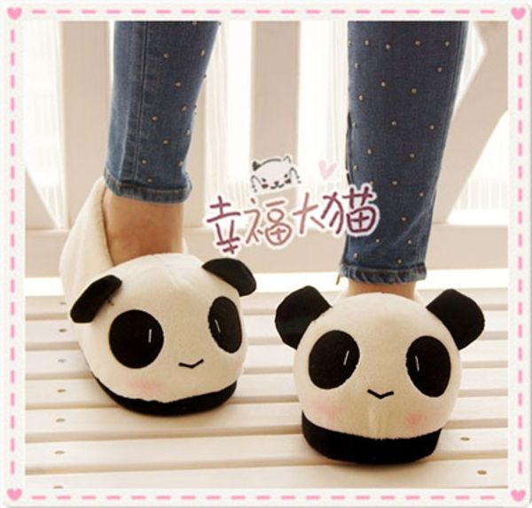 

wholesale-funny cartoon panda warm winter slippers skidproof soft soles plush house for women men animal shoes home indoor, Black