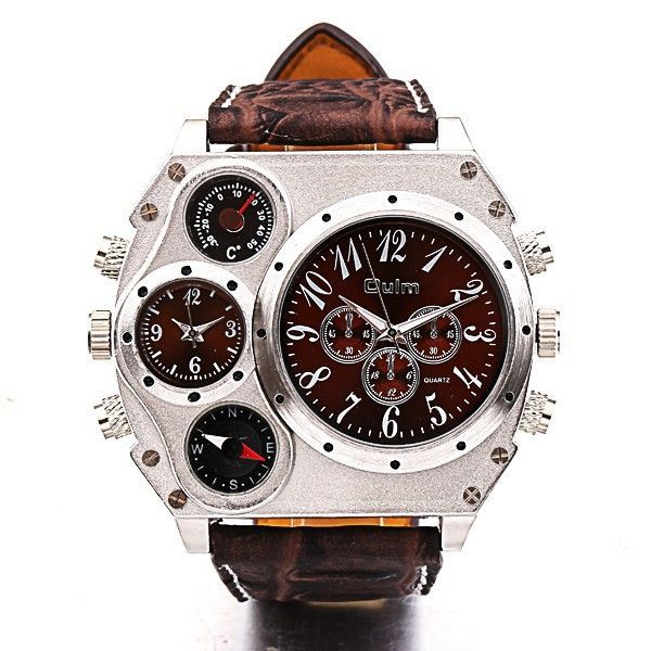 

wholesale-oulm quartz wrist watch 1349 personalized oversized case thermometer compass dual quartz movements wrist men watch, Slivery;brown