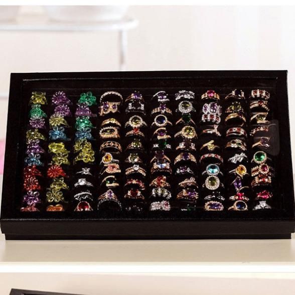 Schmuck-Organizer, Ring-Display-Tablett, schwarze Samt-Pad-Box, 100 Slot-Einsatzhalter, Ring-Aufbewahrung, Ohr-Pin-Display-Box, Organizer für Ohrringe