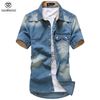 Wholesale-Gradient Men Denim Shirts Short Sleeve Camisa Chambrayメンズドレスシャツカラーボタンアップ男性デニムシャツケミェーズ