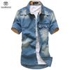 Wholesale-Gradient Men Denim Shirts Short Sleeve Camisa Chambray Mens Dress Shirt Collar Button Up Chemise 94L2