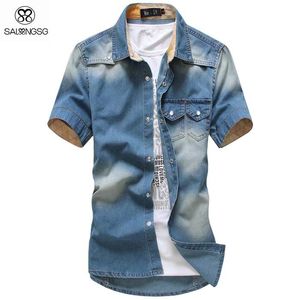 Wholesale-Gradient Men Denim Shirts Short Sleeve Camisa Chambray Mens Dress Shirt Collar Button Up Men Denim Shirts Chemise