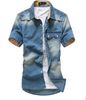 Wholesale-Gradient Men Denim Shirts Short Sleeve Camisa Chambray Mens Dress Shirt Collar Button Up Men Denim Shirts Chemise