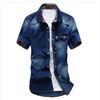 Wholesale-Gradient Men Denim Shirts Short Sleeve Camisa Chambray Mens Dress Shirt Collar Button Up Men Denim Shirts Chemise