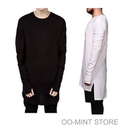 Wholesale-New Thumb Hole Cuffs Long Sleeve Tyga Swag Style Man High Low Side Split Hip Hop Top Tee T Shirt Crew T-shirt Men Clothes