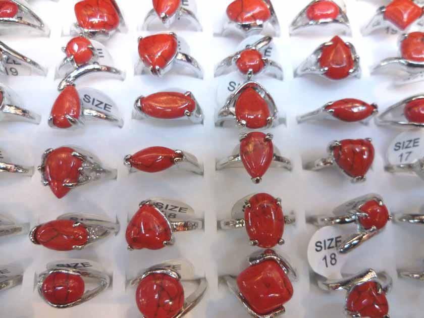 Atacado Jóias Moda vermelho natural pedra de prata turquesa Anéis incluindo caixa de exibição