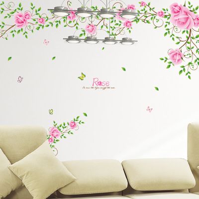 Pink Rose Rattan Art Mural Decor Sticker Flowers Rattan Living Room Bedroom Art Decal Sticker Romantic Wallpaper Decor Poster Tinkerbell Wall Stickers