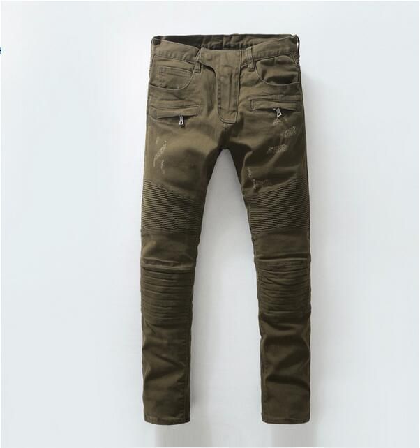 Discount Original Quality Balmain Homme Jeans Dark Green Ripped Mid Waistline Slim Fit Denim Biker Jeans Pencil Skinny Pants Jeans Size 29 38 Top Mens Jeans Online Shop | DHgate.Com