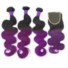Бразильская волна тела человеческих волос Weaves с кружевным закрытием человеческих волос Weaves Ombre Red Blue Purple 99J Burgundy 1B / 4/2 27 уток