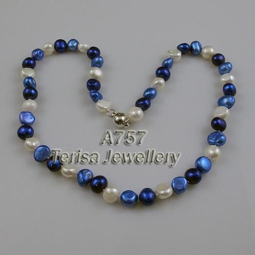 Ny gratis frakt A757 # 8-9mm 18Inch vitblå mörkblå mix färg färskvatten pärlor halsband handgjorda bröllopsfödelsedaggåva damens smycken