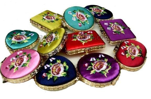 Heart Shaped Compact Mirror Favors Silk Embroidered double side mix color 35pcslot 1038668