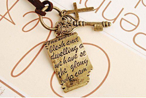 Vintage Shakespeare's Love Letter Cross Key Pendant Leather Cord Long Necklaces Sweater Chain 