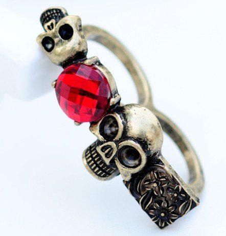 2011 New Vintage pierres précieuses rouges anneaux personnalité ruby ​​fleur de crâne double anneau meilleure vente / 