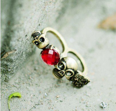 2011 New Vintage red gemstone rings personality ruby Skull flower double ring best selling 