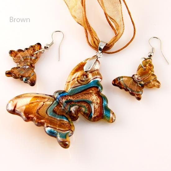 Butterfly Folie Murano Lampwork Blown Venetian Glas Halsband Hängsmycken och Örhängen Smycken Ställer upp Mus002 Billiga Mode Smycken