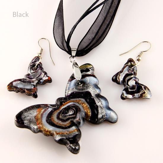 Butterfly foil murano lampwork blown venetian glass necklaces pendants and earrings jewellery sets Mus002 cheap fashion jewelry