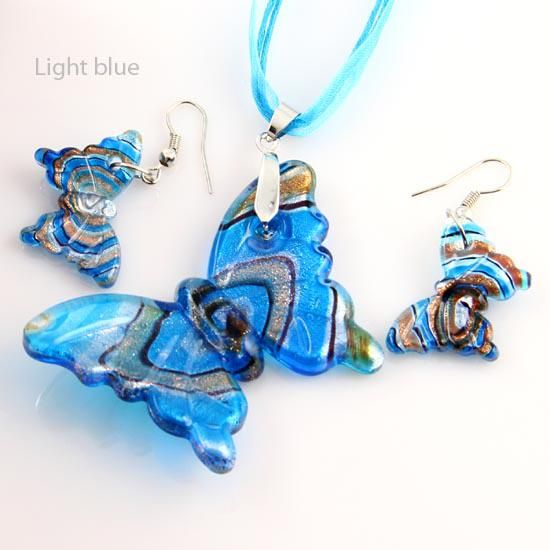 Butterfly foil murano lampwork blown venetian glass necklaces pendants and earrings jewellery sets Mus002 cheap fashion jewelry