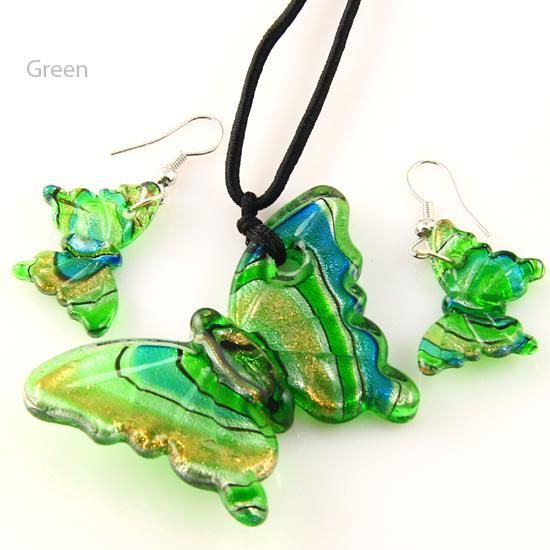 Butterfly foil murano lampwork blown venetian glass necklaces pendants and earrings jewellery sets Mus002 cheap fashion jewelry