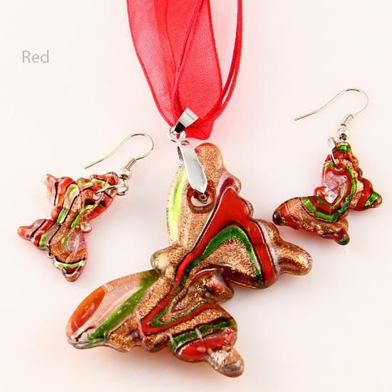 Kelebek şerit folyo glitter lampwork kolye venedik murano cam kolye kolye ve küpe Mus002 Ucuz çin takı moda