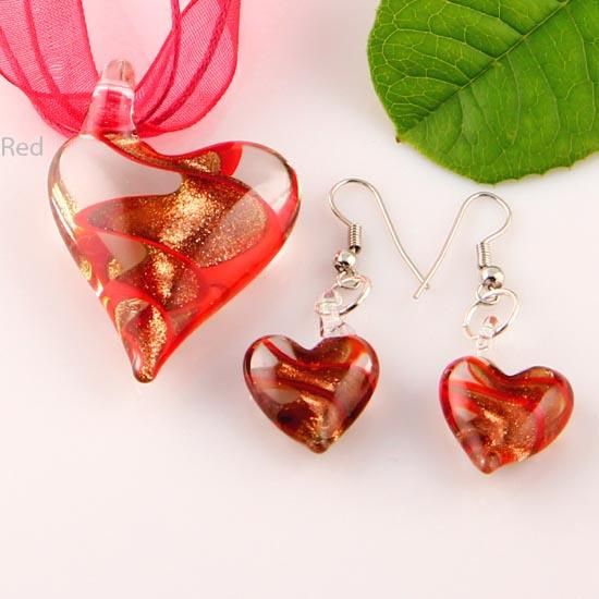 Scroll Heart Glitter Lampwork Hanger Venetiaanse Murano Glas Hangers Kettingen en Oorbellen Sets Goedkope China Mode-sieraden Mus 003