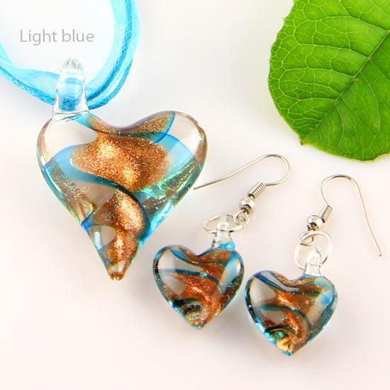 Scroll Heart Glitter Lampwork Hängsmycke Venetian Murano Glass Pendants Halsband och örhängen Sätter Billiga Kina Mode Smycken MUS003