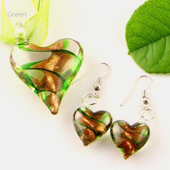 Scroll Heart Glitter Lampwork Hanger Venetiaanse Murano Glas Hangers Kettingen en Oorbellen Sets Goedkope China Mode-sieraden Mus 003