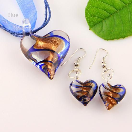 Kaydırma kalp glitter lampwork kolye venedik murano cam kolye kolye ve küpe setleri ucuz çin moda takı Mus003