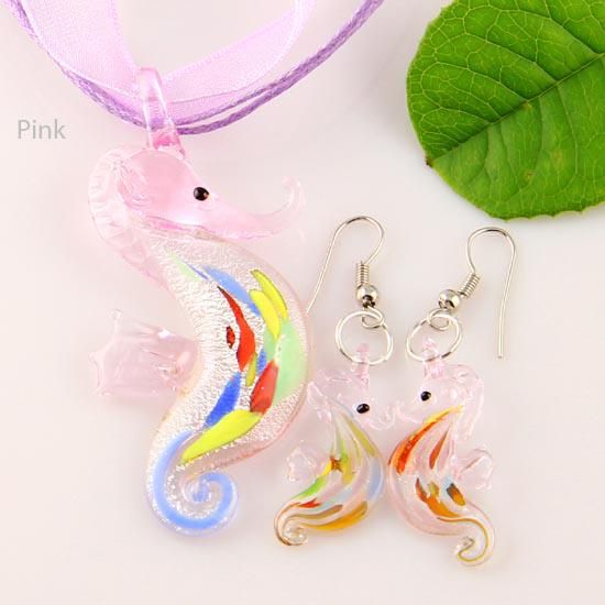 Seahorse Sliver Folie Murano Lampwork Hanger Venetiaans Glazen Hangers Kettingen Kettingen en Oorbellen Sets Mus 006 Handgemaakte Sieraden