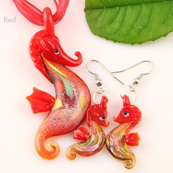 Seahorse Sliver Folie Murano Lampwork Hanger Venetiaans Glazen Hangers Kettingen Kettingen en Oorbellen Sets Mus 006 Handgemaakte Sieraden