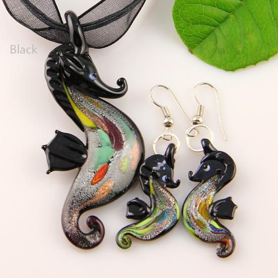 Seahorse sliver foil murano lampwork pendant venetian glass pendants necklaces and earrings sets Mus006 handmade jewellery