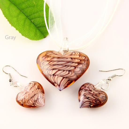 Heart murano lampwork blown venetian glass necklaces pendants and earrings jewellery sets Mus009 high fashion jewelry