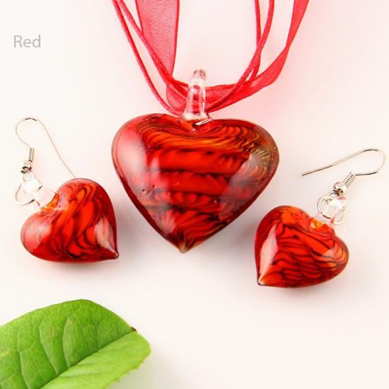 Heart murano lampwork blown venetian glass necklaces pendants and earrings jewellery sets Mus009 high fashion jewelry