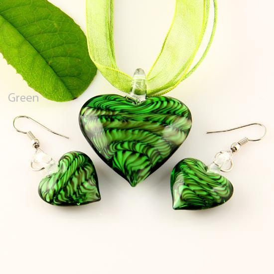 Heart murano lampwork blown venetian glass necklaces pendants and earrings jewellery sets Mus009 high fashion jewelry