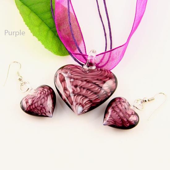 Heart murano lampwork blown venetian glass necklaces pendants and earrings jewellery sets Mus009 high fashion jewelry