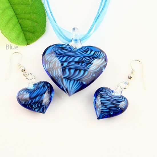 Heart murano lampwork blown venetian glass necklaces pendants and earrings jewellery sets Mus009 high fashion jewelry