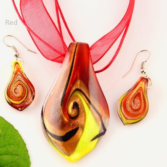 Scroll Leaf Glitter Lampwork Wisiorek Wenecki Murano Szkło Wisiorki Naszyjniki i Kolczyki Biżuteria Mus010-7 Moda Biżuteria Naszyjniki