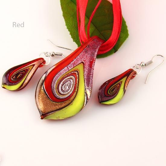 Güzel yaprak murano lampwork şişmiş venedik cam kolye kolye ve küpe mücevherat setleri Mus011 Ucuz moda takı
