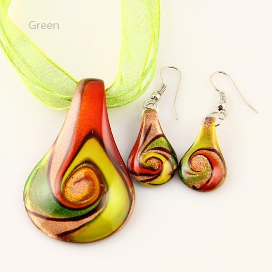 Blad glitter lampwork hanger Venetiaanse murano glazen hangers kettingen en oorbellen sets Mus017 goedkope mode-sieraden