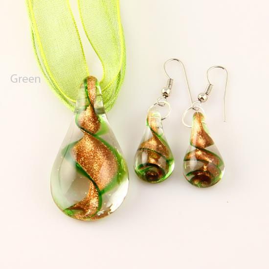 Teardrop glitter lampwork pendant blown venetian murano glass pendants necklaces and earrings sets Fashion jewelry in bulk Mus018