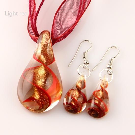 Teardrop glitter lampwork pendant blown venetian murano glass pendants necklaces and earrings sets Fashion jewelry in bulk Mus018