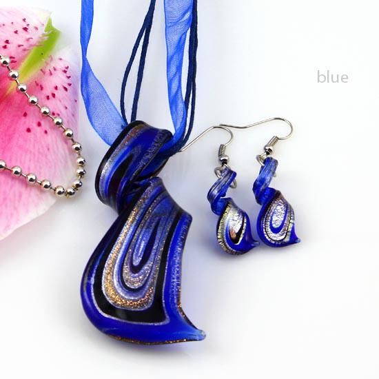 Streamer glitter murano lampwork blown venetian glass necklaces pendants and earrings jewelry sets handmade fashion jewelry Mus023