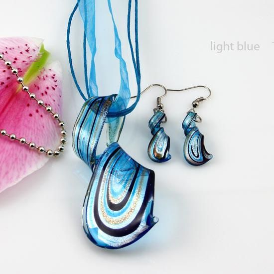 streamer glitter murano lampwork venetian glass necklaces pendants and earrings sets Mus023 handcarft jewelry