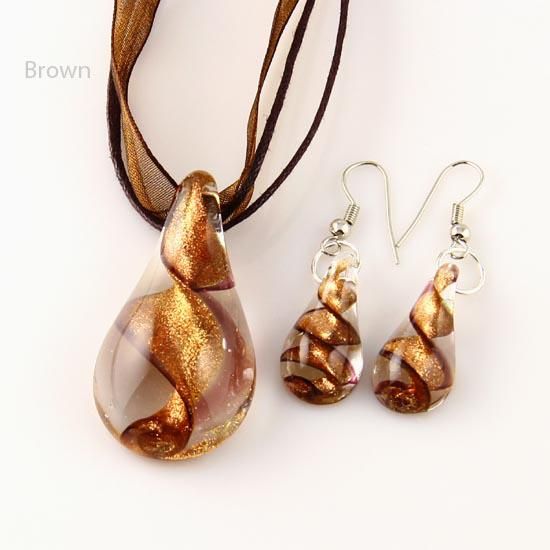 

Teardrop glitter lampwork pendant blown venetian murano glass pendants necklaces and earrings sets Fashion jewelry in bulk Mus018, Silver