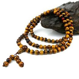 Tibetan buddhist prayer beads, 6mm natural yellow tiger eye jade, meditation yoga 108 beads. Charm necklace