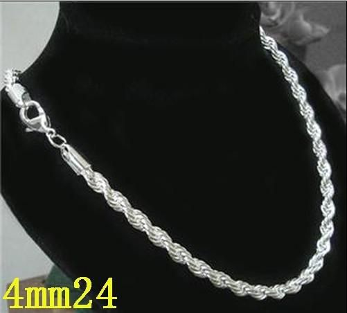 Fantasia jóias 925 de prata 4 MM corda cadeia charme colar 24 polegadas / 61 cm novo