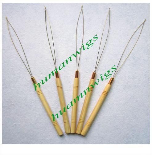 Extensiones de cabello de pluma Herramientas para enhebrar cables, Mango de madera / bambú, Anillos de micro Extensiones de cabello Herramientas