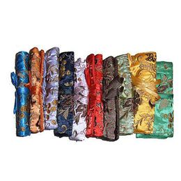 Portable Fine Embroidery Silk Jewellery Travel Roll Up Bag Foldable Big Cosmetic Bag Zipper Drawstring Makeup Storage Bag 50pcs/lot