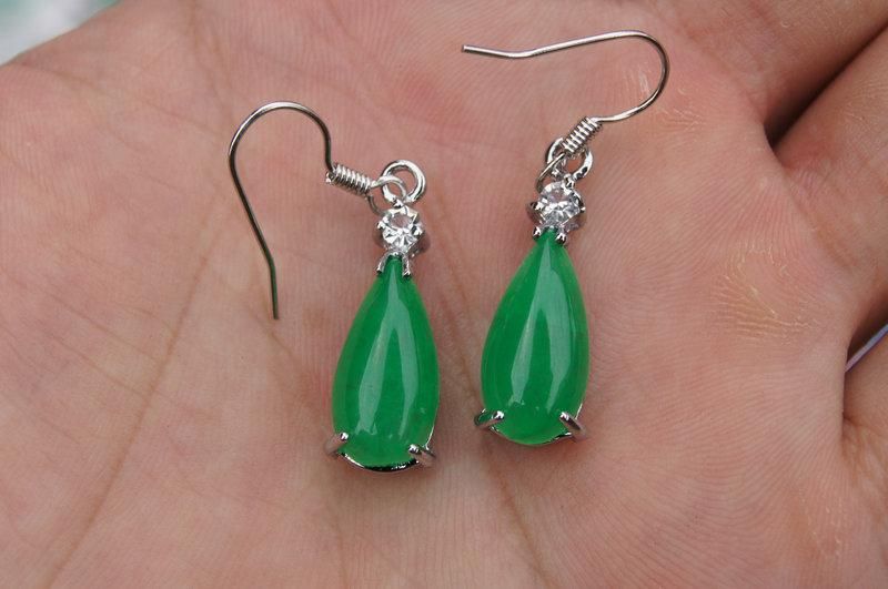 Free Shipping - Beautiful alloy natural green jade earrings, hand-made - drop shape - charm earrings (1 pair price)