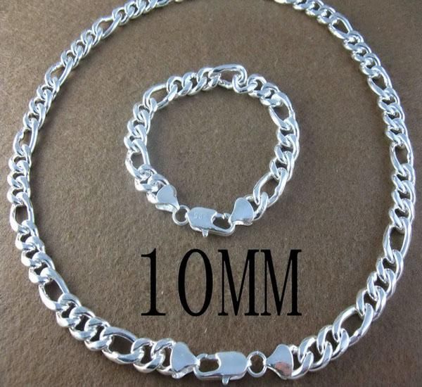 Conjunto de jóias do vintage 925 Prata legal 10 MM dos homens Figaro cadeia colar + pulseira 22 + 8, Com caixa Livre