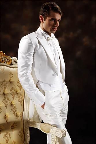 زفاف الزفاف مزدوجة الصدر الأبيض العريس Tailcoat الذروة لاتيل الزفاف دعوى العريس (سترة+سروال+ربطة عنق+حزام) 02